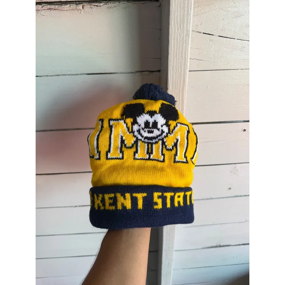 Disney Mickey Mouse Kent State Golden Flashes Beanie Hat Yellow Navy Blue Pom